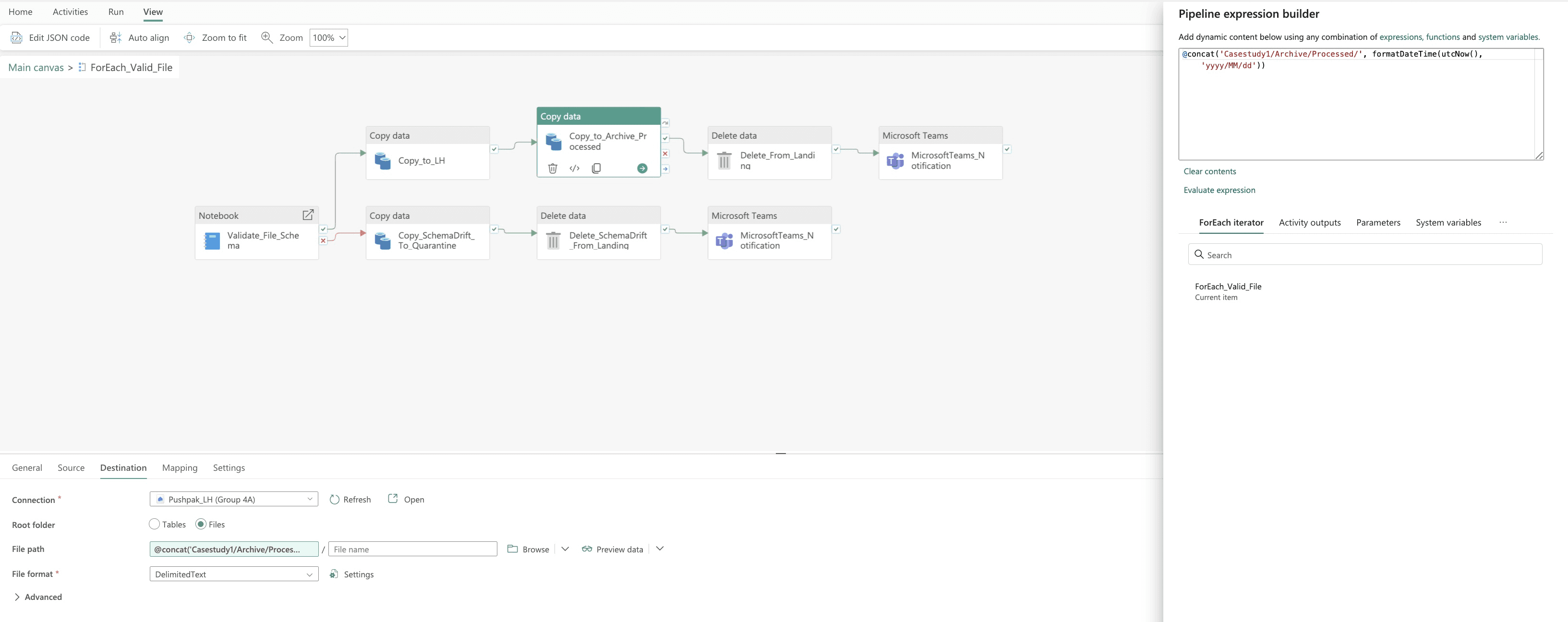 Fabric pipeline activity archiving successfully processed source files.