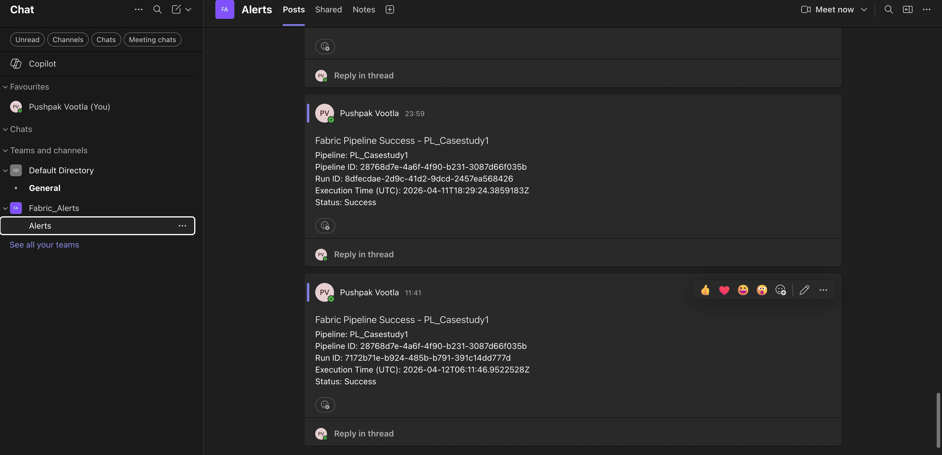 Microsoft Fabric pipeline activity configured to send an execution notification to Microsoft Teams.