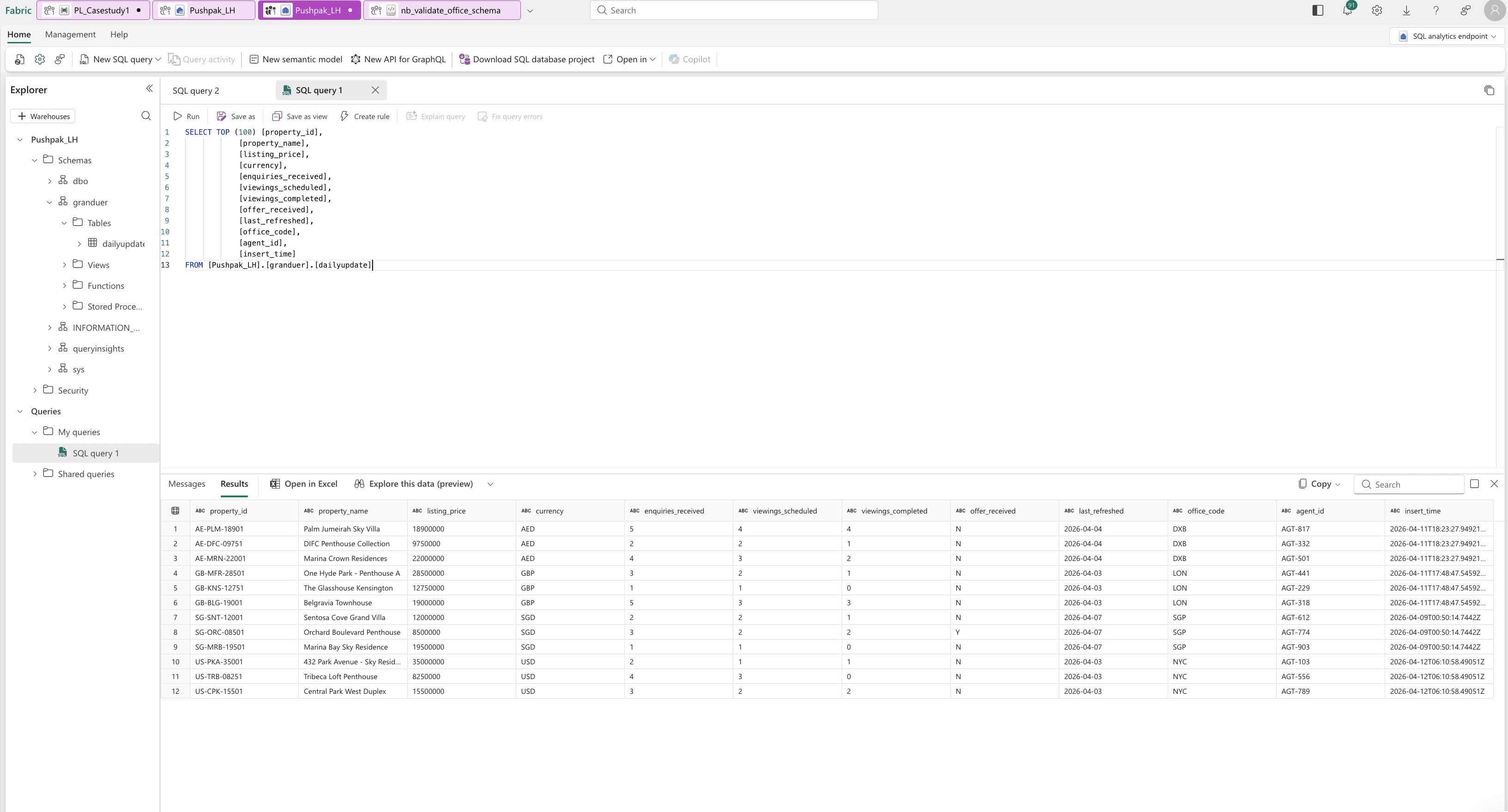 Microsoft Fabric Lakehouse table showing curated output from the ingestion pipeline.