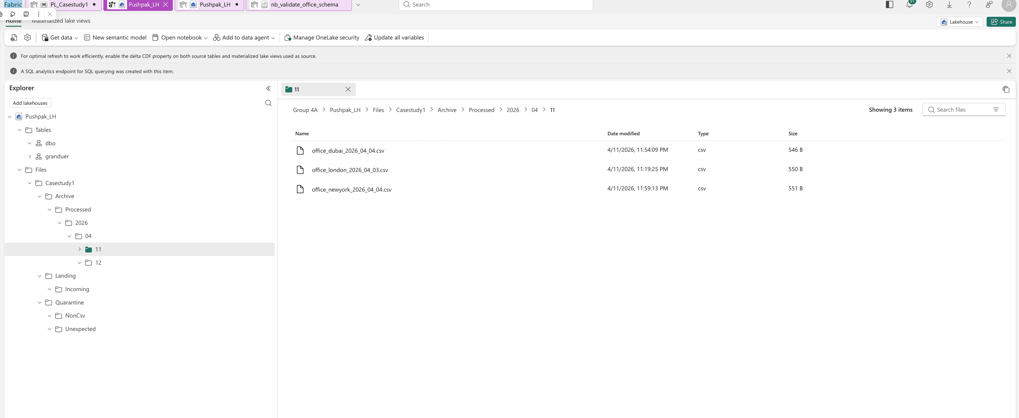 Microsoft Fabric Lakehouse archive folder containing processed source files.