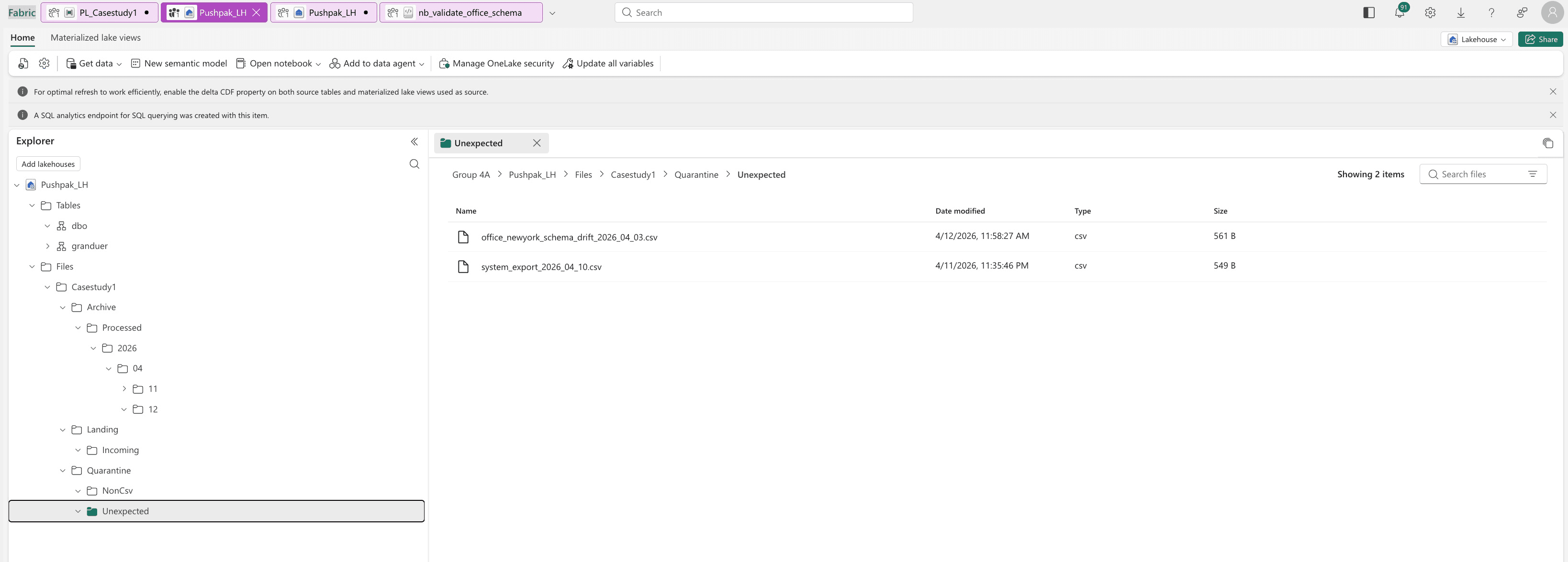 Microsoft Fabric Lakehouse quarantine folder containing invalid and unsupported source files.